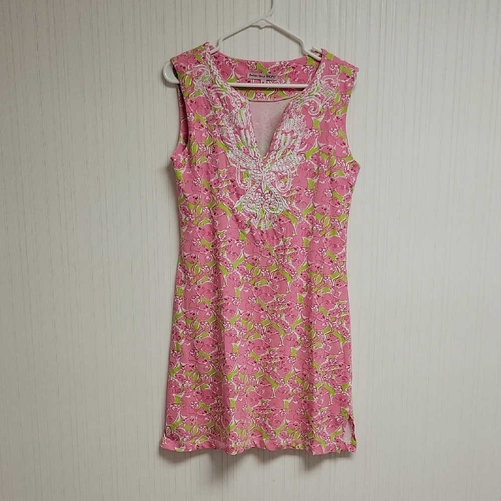 Barbara Gerwit Vintage Pink & Green Koala Print Dress Sz Medium. coastal